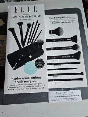 ELLE Deluxe 10-Pc Makeup Brush Collection Carrying Case Brush Cleaner Kit Beauty